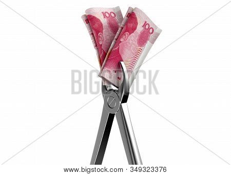 A Pair Of Medical Pliers Gripping A Rolled Up Pair Of China Yuan Bank Notes On An Isolated White Stu
