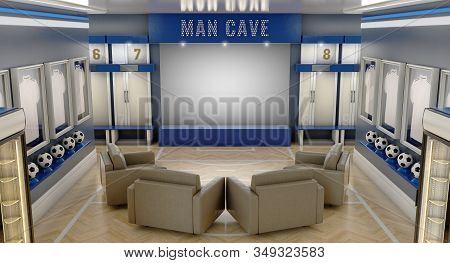 A Well Lit Interior Of A Soccer Themed Man Cave With Sports Memorabilia, Lockers And Large Televisio