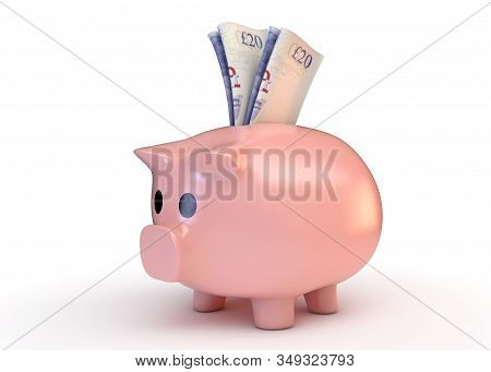 A Pink Piggy Bank With A Rolled Up Pair Of British Pound Bank Notes Inserted Into It On An Isolated 