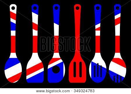 A Collection Of Kitchen Tool Silhouette Over A Black Background Woth A Backdrop Of The British Union