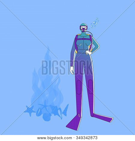 Female Diver In Suite Under Water. Isolated On White Background. Flat Style Vector Illustration