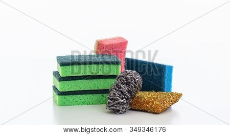 Cleaning Sponges Variety Isolated Against White Background.
