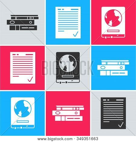 Set Office Folders With Papers And Documents, Exam Sheet With Check Mark And World Map On A School B