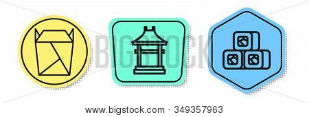 Set Line Rstaurant Opened Take Out Box Filled, Japan Gate And Sushi. Colored Shapes. Vector
