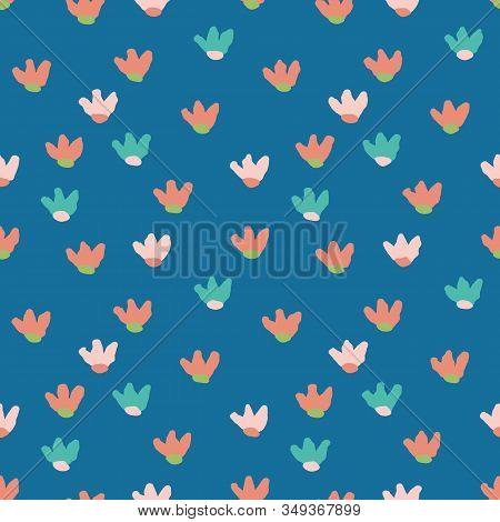 Blue Garden With Simple Flower Shapes Seamless Vector Pattern. Girly Surface Print Design.
