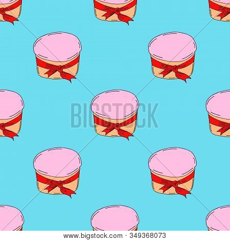 Spring Easter Cake With Red Ribbon Seamless Pattern.drawing With Your Hand Using A Line.on A Blue Ba