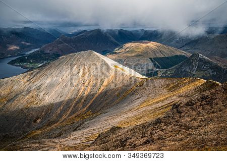 Glencoe, Scotland. View From Sgorr Dhearg Down The Sgorr Dhonuill On A Cloudy Autumn Day.