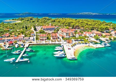 Krapanj Island Aerial Panoramic View, Sea Sponge Harvesting Village, Sibenik Archipelago Of Croatia