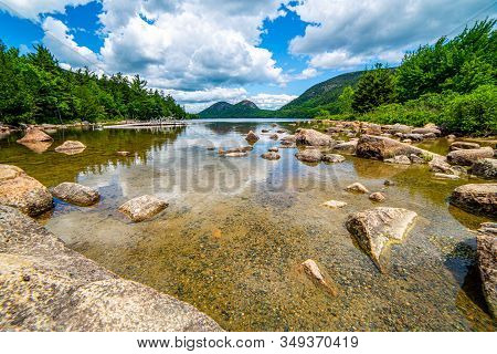 Rocky Pond View Of The Bubble Mountains And Jordon Pond In Acadia National Park, Maine, Usa