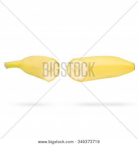 Group Of Two Halves Of Fresh Yellow Banana Isolated On White Background