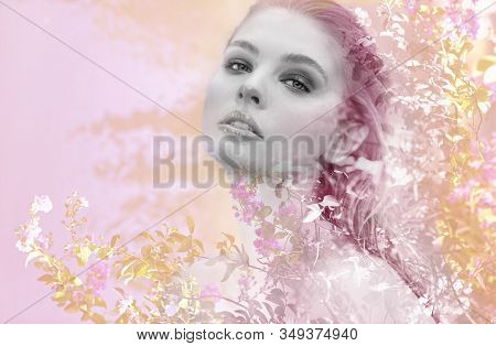 Beautiful Model Girl With Red Manicure On Nails. Fashion Bright Make Up And Cosmetics. Double Exposi