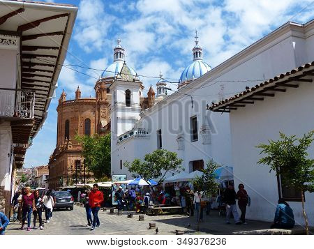 Cuenca, Ecuador - February 5, 2020: Flower Market And With View At New Cathedral Or Catedral De La I