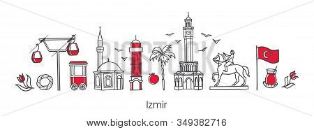 Vector Illustration Symbols Of Izmir, Turkey. Clock Tower, Historic Elevator, Mosque, Monument And O
