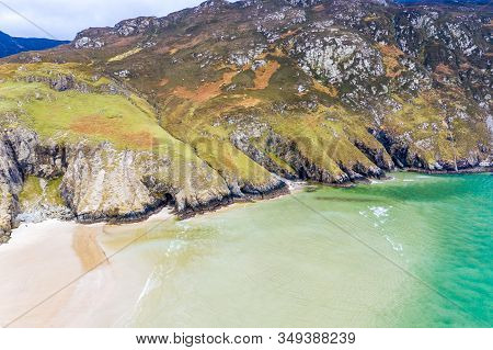 Aerial View Of The Beach And Caves At Maghera Beach Near Ardara, County Donegal - Ireland