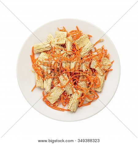 Spicy Chinese Or Korean Yuba Tofu Bamboo And Carrots Salad On White Background.
