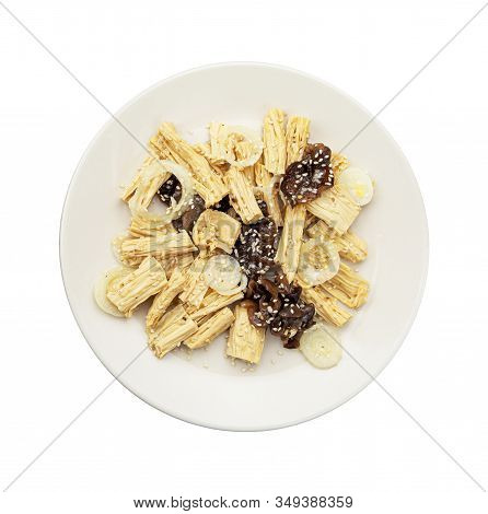 Spicy Chinese Or Korean Yuba Tofu Bamboo And Oyster Mushrooms On White Background.