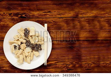 Spicy Chinese Or Korean Yuba Tofu Bamboo And Oyster Mushrooms On Wooden Background.