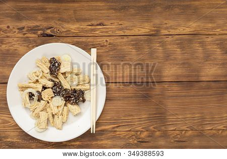 Spicy Chinese Or Korean Yuba Tofu Bamboo And Oyster Mushrooms On Wooden Background.