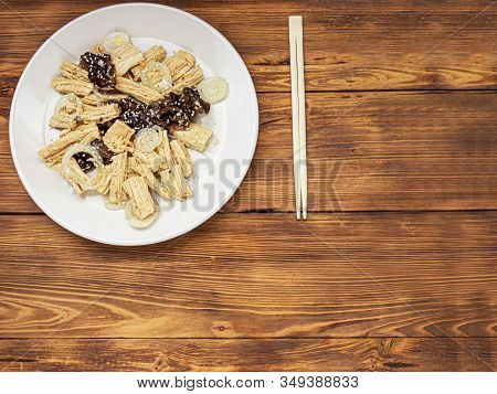 Spicy Chinese Or Korean Yuba Tofu Bamboo And Oyster Mushrooms On Wooden Background.