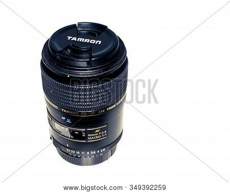 Perth, Scotland - 4 November 2019: New Tamron Macro Lens Isolated On White Background,  Tamron Af 90