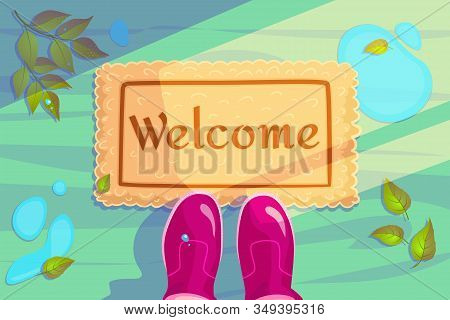 Welcome Doormat With Green Leaves And Rubber Boots. Hello Spring Season Background. Horizontal Conce