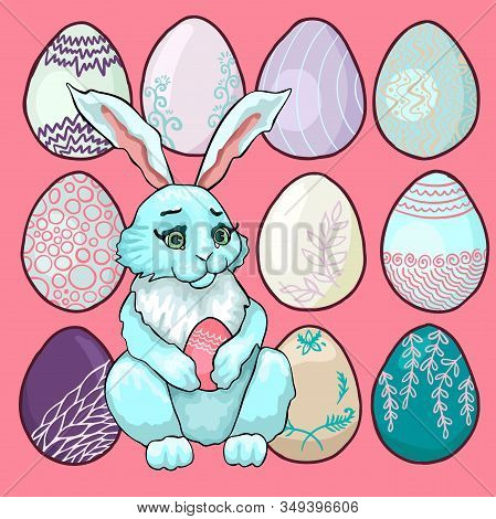 A Pattern Of Different Colored Easter Eggs And A Bunny Holding An Egg In Its Paws.