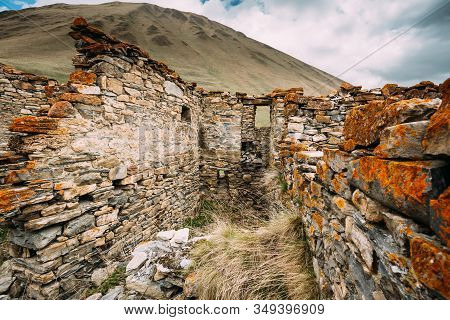 Ancient Stone Fortress On Mountain Background Near Karatkau Village, Kazbegi District, Mtskheta-mtia