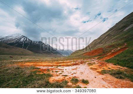 Mtskheta-mtianeti Region, Georgia. Spring Landscape With Mineral Springs On Ground In Truso Gorge In
