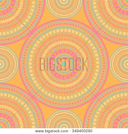 Boho Vintage Motifs Seamless Pattern. Round Medallion Mandala Geometric Tiles. Textile Print Templat