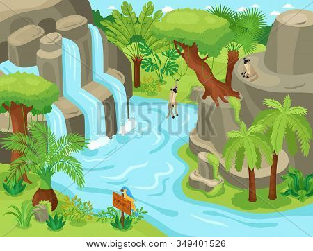 Isometric Jungle Animal Composition With Wild Tropical Landscape Waterfall Exotic Trees And Monkeys 