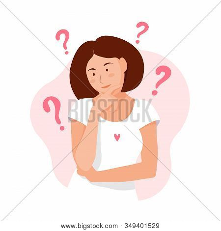 Woman Thinks. Question. Thinking Girl Concept. Girl Solves A Problem. Cartoon Thinking Woman With Qu