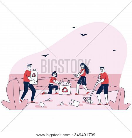 Family Collecting Garbage In Trash Bags On Ocean Beach Vector Illustration. Eco Volunteers Cleaning 