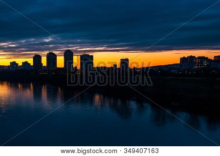 Sunset Over Sava River In Zagreb, Croatia, Dramatic Cloudy Sky