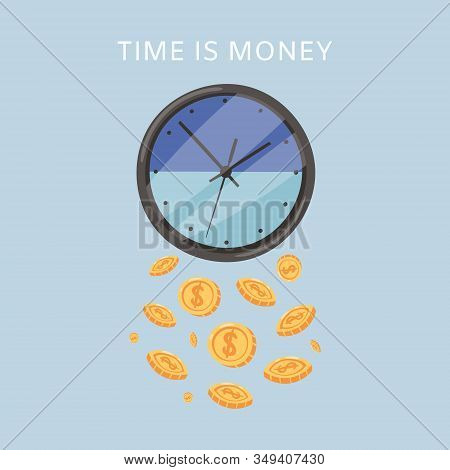 Effective Time Management, Times Is Money Cartoon Vector Illustration Of Clock-face And Falling Gold