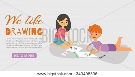 Happy Smiling Kids Drawing, Painting And Coloring With Crayons And Brush Vector Web Banner Illustrat