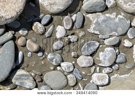 Different Stones On Wet River Sand Mixed With Silt.