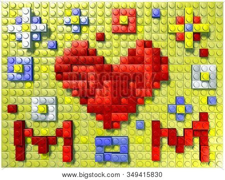 Mosaic Mother Day Greeting Card With Heart And Flowers Made Of Blocks