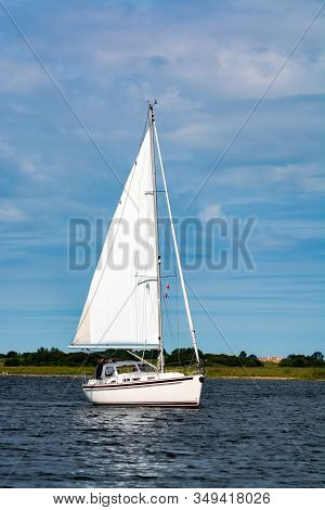 Weekend Sailing On Small Jacht Boat On Riviers And Canals In South Holland, Kaag, Netherlands