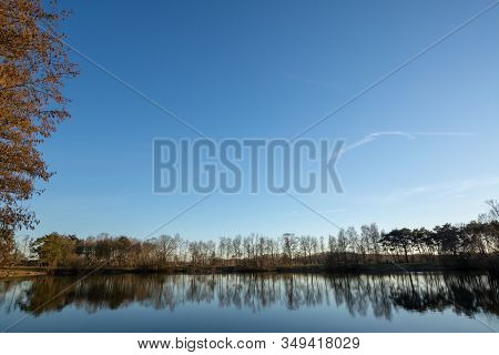 Mirror Forest Lake With Reflection In Winter Sunny Day, De Kempen Regio In North Brabant, Netherland
