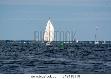 Weekend Sailing On Small Jacht Boat On Riviers And Canals In South Holland, Kaag, Netherlands