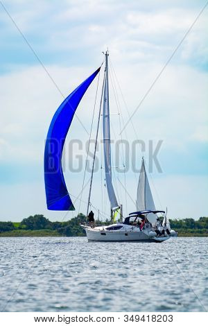 Weekend Sailing On Small Jacht Boat On Riviers And Canals In South Holland, Kaag, Netherlands