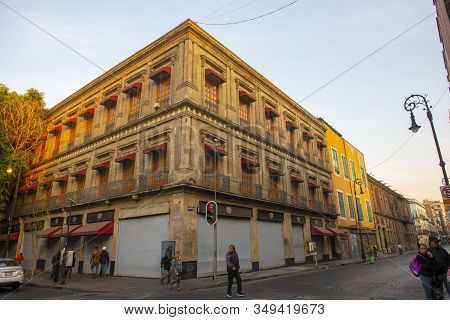 Mexico City - Jan. 15, 2020: Historic Buildings On Calle De Tacuba Street And Republica De Chile Str