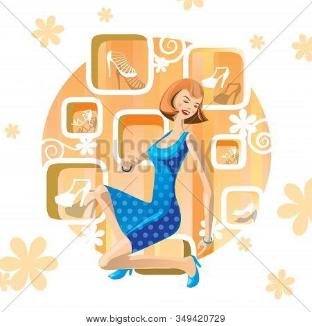 Blond Girl In Blue Polka Dot Dress Trying On Shoes In The Shop