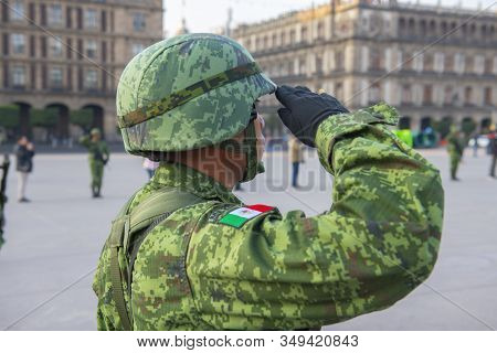 Soldier Salute On Zocalo At Historic Center Of Mexico City Cdmx, Mexico. Historic Center Of Mexico C