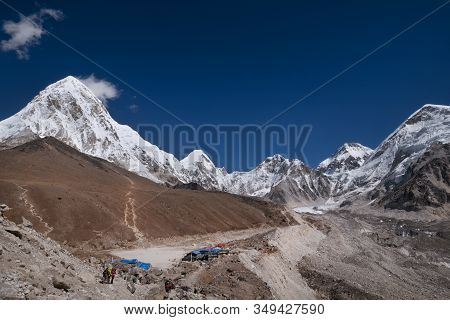 Gorakshep Settlement At 5164M Panorama Shot With Khumbu Glacier - The World's Highest Glacier And It