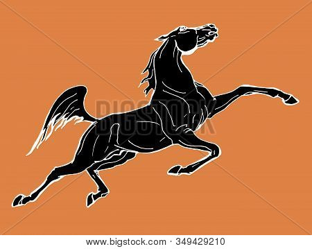 Horse, Drawing In The Style Of An Ancient Greek Black Statuette On Ceramics, Vector Isolated Image O