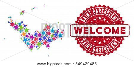 Color Saint Barthelemy Map Collage Of Stars, And Scratched Rounded Red Welcome Stamp Seal. Abstract 