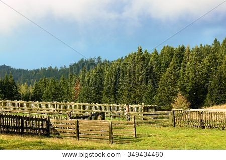 Ranchland With Rustic Fences Surrounded By Pastures And Forests Taken In Rural Coastal Northern Cali