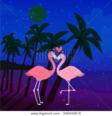 Flamingo Couple In Love Cartoon Animal Lovers Characters On Loving Date On Valentines Day, Kissing L