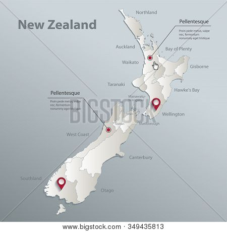 New Zealand Map, Administrative Division With Names, Blue White Card Paper 3d Vector